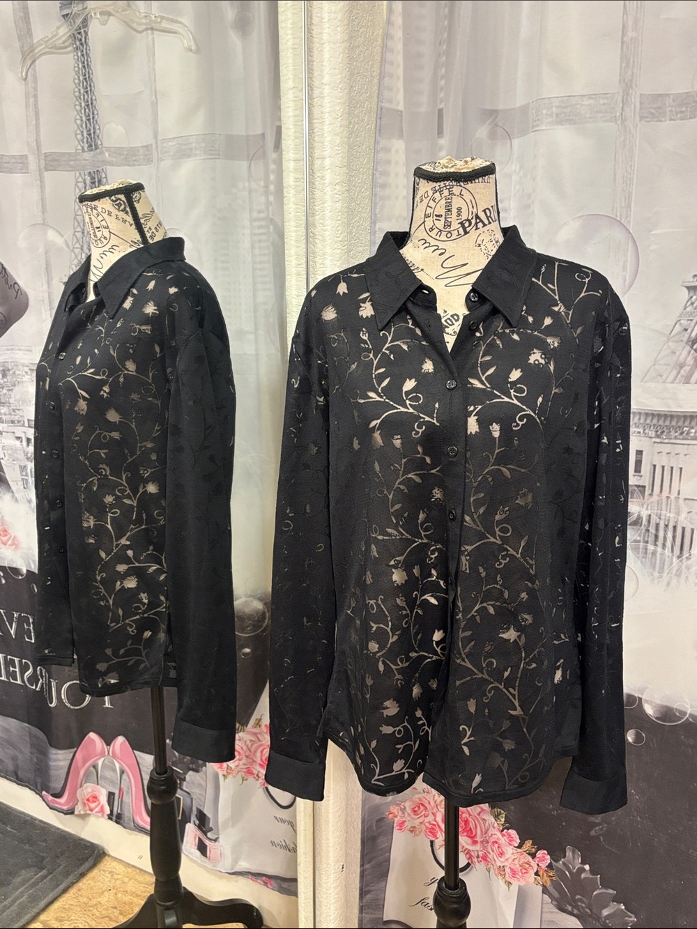New York & Company Black Floral Cut-out Button Down